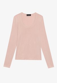 Langärmliges T-Shirt in Hellrosa, mit einem Rundhalsausschnitt, weichem Material und genähten Details entlang des Ausschnitts und der Ärmel.
