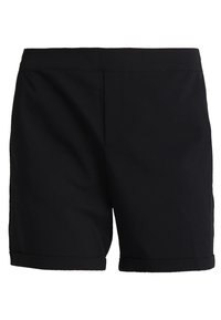 Shorts noirs en tissu tissé, avec un ourlet replié, une taille plate et des lignes épurées. Design simple sans ornement visible.