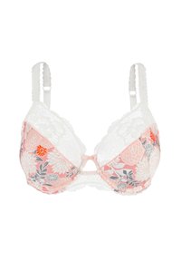 Soutien-gorge in pizzo floreale rosa e bianco, caratterizzato da un motivo floreale, spalline regolabili e un dettaglio a chiave al centro con accenti arancioni.