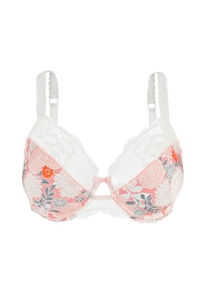 Soutien-gorge en dentelle florale rose et blanche, avec un motif floral, des bretelles réglables et un détail en forme de clé au centre avec des accents orange.