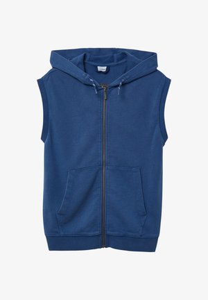 Haut sans manches bleu avec une fermeture éclair à l'avant, deux poches avant et une capuche avec cordon de serrage. Fabriqué en tissu doux et texturé.