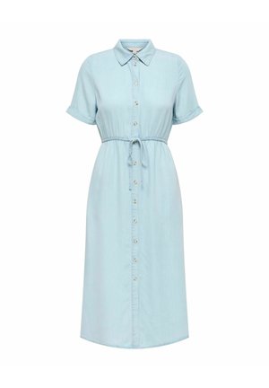 Robe midi bleu clair à manches courtes avec fermeture à boutons sur le devant, taille ajustable par un cordon et col pointu.