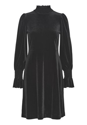Juodas aksominis suknelė su aukštu sifoniniu kaklu, pūstomis ilgomis rankovėmis ir susmulkintais rankogaliais. Lygi tekstūra ir iki kelių ilgio dizainas.