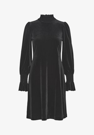 Must mustrükk, millel on kõrge volangiga kaelus, puhvse pikad varrukad ja elastsed mansetid. Sile tekstuur ja põlvepikkune lõige.