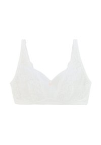 Bralette en dentelle blanche avec un tissu doux, un design en V, des bretelles larges et un petit détail en anneau rose au centre avant.