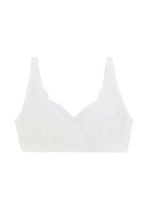 Bralette en dentelle blanche avec un tissu doux, un design en V, des bretelles larges et un petit détail en anneau rose au centre avant.