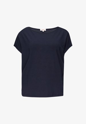 Granatowa bluzka z krótkim rękawem wykonana z miękkiego materiału. Posiada okrągły dekolt oraz luźny krój z bocznymi fałdami. Starannie wykończony dół.