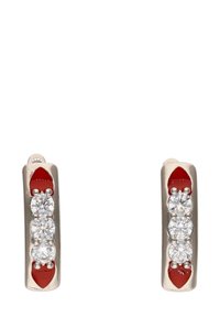 Ezüst fülbevalók, három átlátszó drágakővel egymás mellett, piros zománc díszítéssel, sima, téglalap alakú formával.