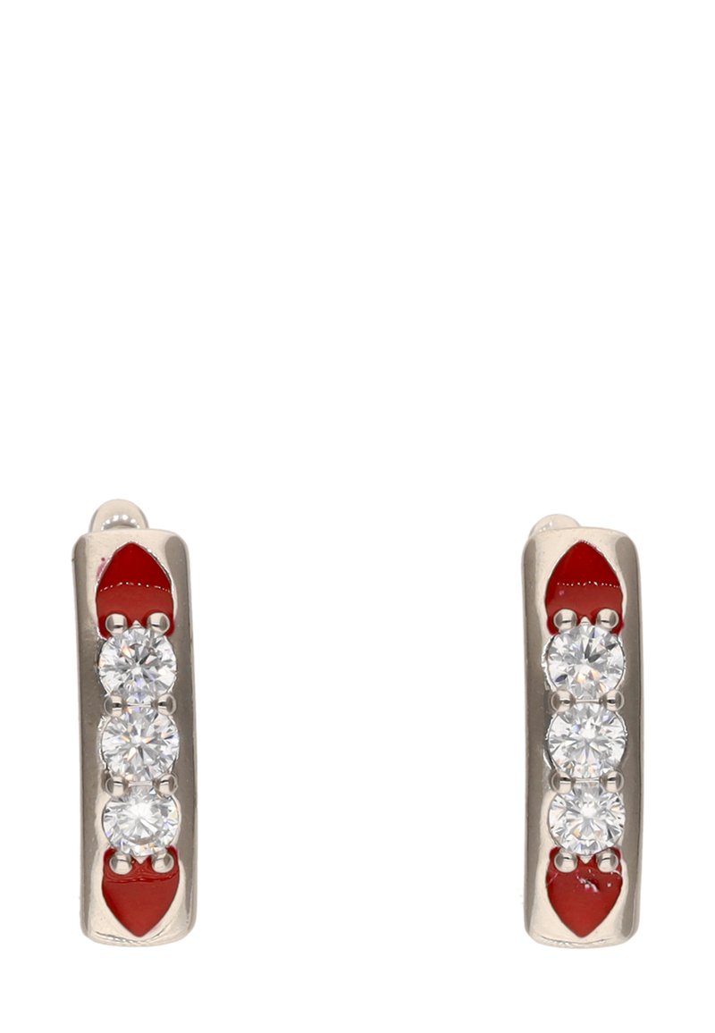 Ezüst fülbevalók, három átlátszó drágakővel egymás mellett, piros zománc díszítéssel, sima, téglalap alakú formával.