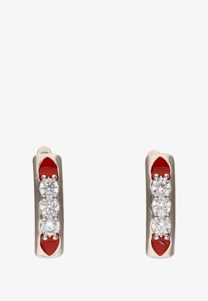 Ezüst fülbevalók, három átlátszó drágakővel egymás mellett, piros zománc díszítéssel, sima, téglalap alakú formával.