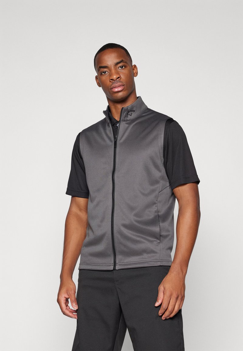 Gilet sans manches gris avec un col haut, fermeture éclair sur le devant et manches courtes noires. Texture lisse avec un design sportif. Pantalon noir.