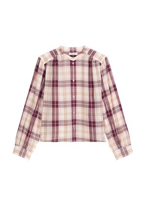 Checkered shirt featuring pink, purple, and yellow plaid pattern, long sleeves, round neckline, and button closure at the front.
