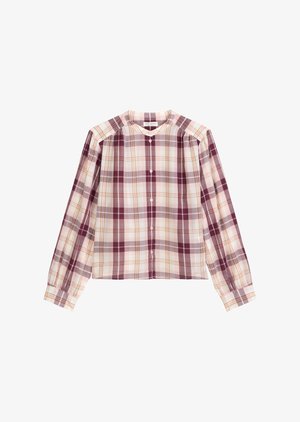 Kockovaná košela s ružovým, fialovým a žltým kockovaným vzorom, dlhými rukávmi, okrúhlym výstrihom a zapínaním na gombíky vpredu.