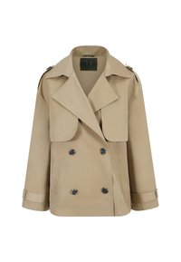 Beige trench coat with a double-breasted design, large lapels, shoulder epaulettes, and blue buttons. Smooth texture, mid-length sleeves.