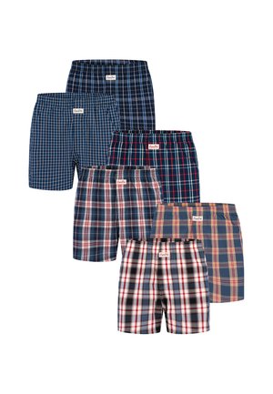 Sei paia di boxer da uomo con vita elastica e motivo a quadri in vari colori blu, rosso, bianco e beige disposti su due file.