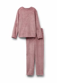 Fleece-Loungewear-Set in sanftem Pink, mit einem Kabelstrickmuster, Rundhalsausschnitt und langen Ärmeln. Enthält passende Schlafanzughose.