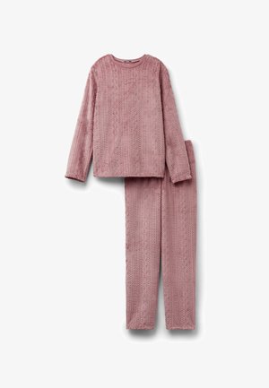Fleece-Loungewear-Set in sanftem Pink, mit einem Kabelstrickmuster, Rundhalsausschnitt und langen Ärmeln. Enthält passende Schlafanzughose.