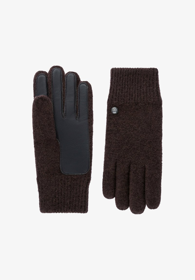 Braune Wollhandschuhe mit Lederflicken auf der Handfläche. Gerippte Bündchen verleihen Struktur. Ein Handschuh ist mit einem kleinen Knopf verziert. Klassische Form.