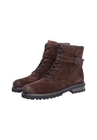 Rjavi antilop gležnjarji s črnimi vezalkami, stranskim zadrgo in trakom z zaponko. Debel gumijasti podplat za oprijem.