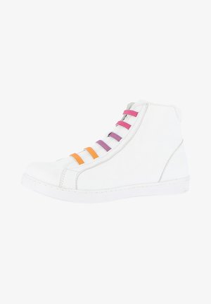 White high-top sneaker with multi-color elastic laces in pink, orange, and purple. Smooth leather-like material with a textured rubber sole.
