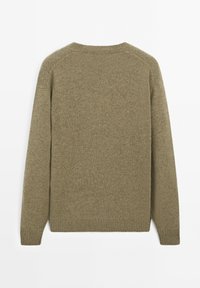 Olijfgroen gebreid lange mouwen trui met ribbelmanchetten en zoom, weergegeven vanaf de achterkant op een witte achtergrond.