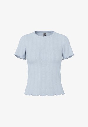 Haut en maille bleu clair à manches courtes avec motifs côtelés et effet dentelle, encolure ronde et bords volantés aux manches et à l'ourlet.