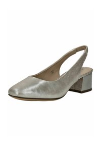 Scarpa slingback argento con punta appuntita, tacco basso a blocco, materiale superiore testurizzato e design con tacco aperto per una facile calzata. Taglia 37.