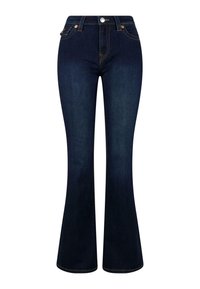 Jeans in denim scuro con gamba svasata e vita alta, cuciture arancioni e chiusura a pulsante metallico. Presentano due tasche anteriori e un design classico a cinque tasche.