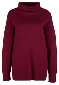 Bordowy sweter z dzianiny z wysokim kominem, opuszczanymi ramionami i długimi rękawami. Charakteryzuje się luźnym krojem oraz prążkowanymi wykończeniami przy rękawach i dole.