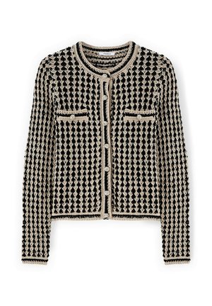 Zwart-beige gebreid vest met ronde hals, knoopsluiting aan de voorkant, lange mouwen en twee zakken aan de voorkant met knopen.