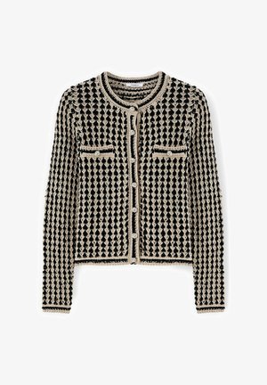 Czarny i beżowy dziergany kardigan z okrągłym dekoltem, zapinany na guziki, z długimi rękawami i dwoma przednimi kieszeniami zapinanymi na guziki.