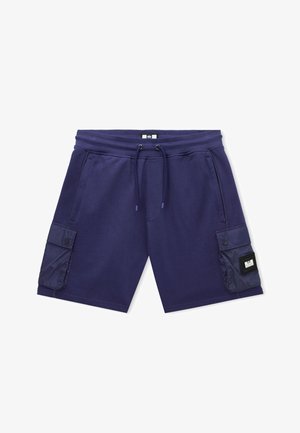 Granatowe, casualowe spodenki z elastycznym pasem, regulowanym sznurkiem, dwoma bocznymi kieszeniami oraz dwoma kieszeniami cargo na klapki zapinane na guziki, z metką na prawej kieszeni.