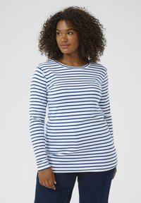 Long-sleeve T-shirt featuring a horizontal blue and white striped pattern, rounded neckline, and soft, smooth cotton material.