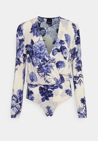 Body a maniche lunghe con un motivo floreale in tonalità di blu su uno sfondo crema, con un design avvolgente e un tessuto morbido.