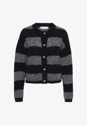 Musta ja harmaa raidoitettu neulejakku, joka on valmistettu pehmeästä neulosmateriaalista. Ominaisuuksiin kuuluvat nappikiinnitys, pyöreä pääntie ja teksturoitu kudottu kuvio.