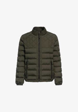 Ciemnozielona pikowana kurtka puchowa z wysokim kołnierzem, zapięciem na zamek i dwoma bocznymi kieszeniami. Wykonana z gładkiego, wypełnionego materiału z elastycznymi mankietami.