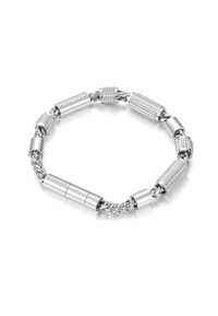 Braccialetto in argento con maglie di diverse texture, comprese sezioni lisce e rigate, con dettagli incisi su alcune maglie.