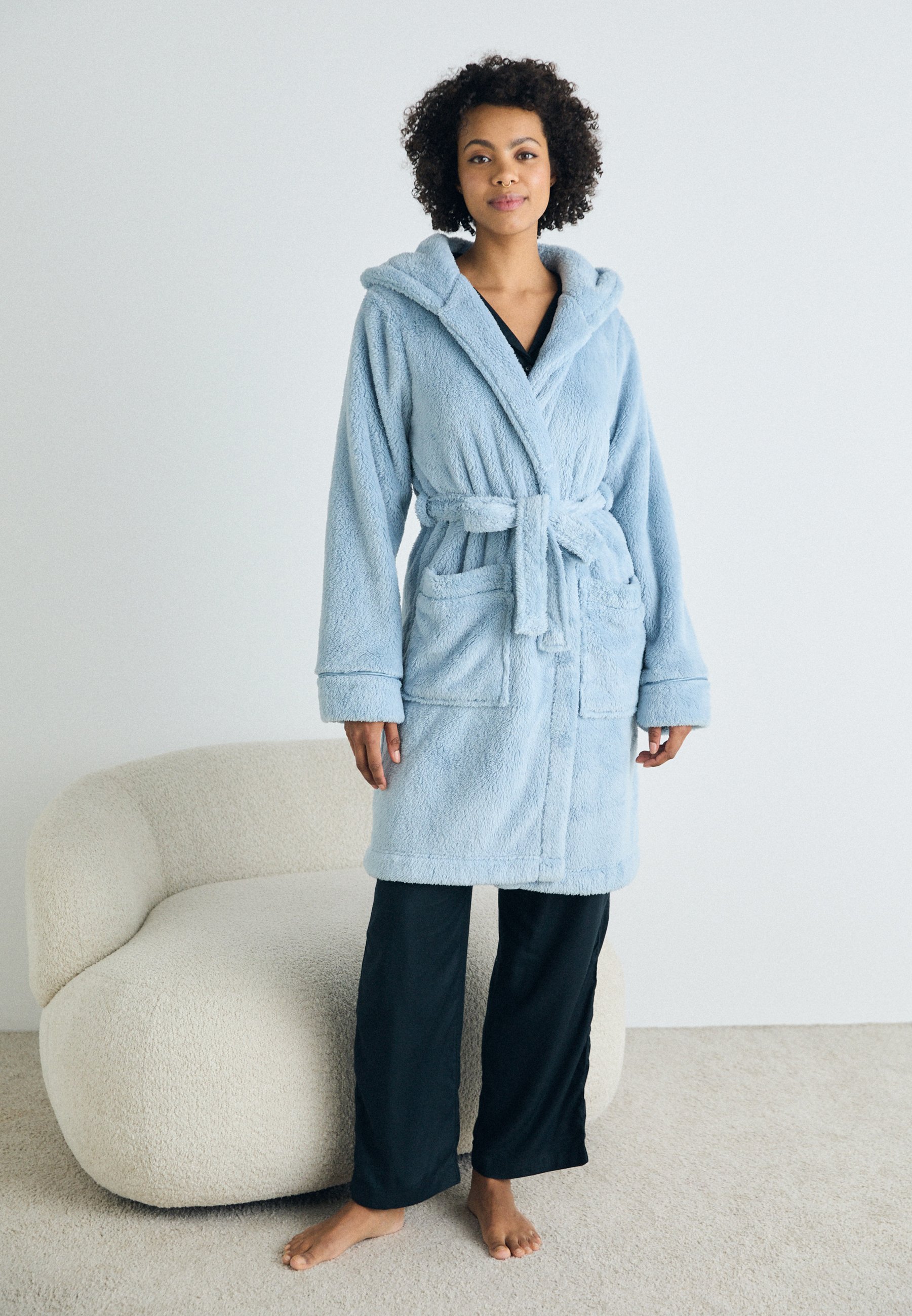 blue dressing gown with hood Womens Organic Cotton Hooded Robe in Indigo main image 1