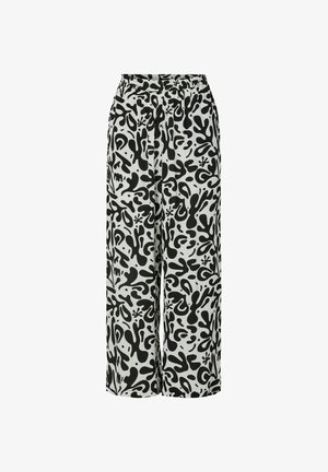 Pantaloni a gamba larga con vita elastica, caratterizzati da un motivo organico astratto in bianco e nero su tessuto grigio chiaro.