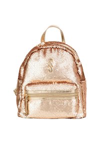Zaino in paillettes rosa oro con forma arrotondata, tasca frontale con zip e maniglia superiore. Presenta dettagli metallici lucidi e una superficie testurizzata.