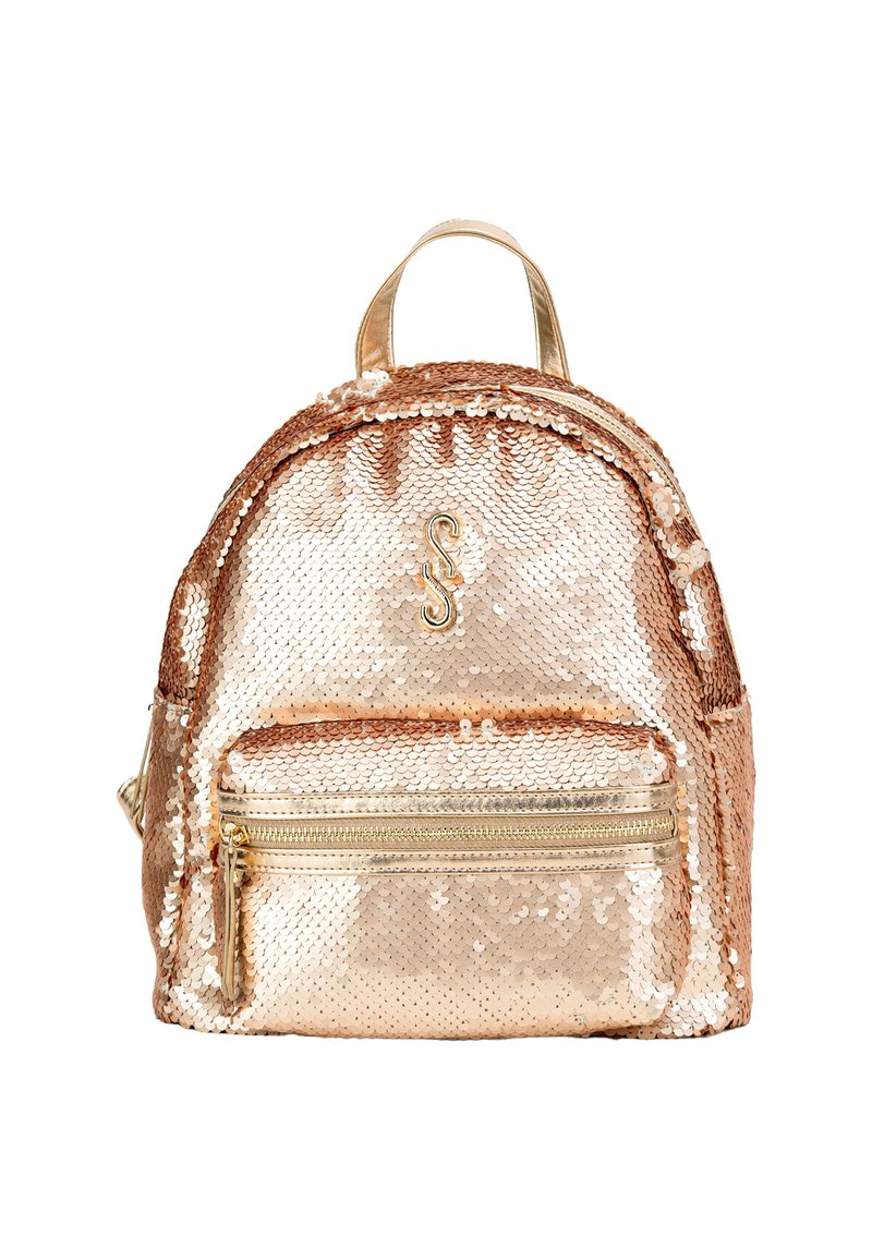 Zaino in paillettes rosa oro con forma arrotondata, tasca frontale con zip e maniglia superiore. Presenta dettagli metallici lucidi e una superficie testurizzata.