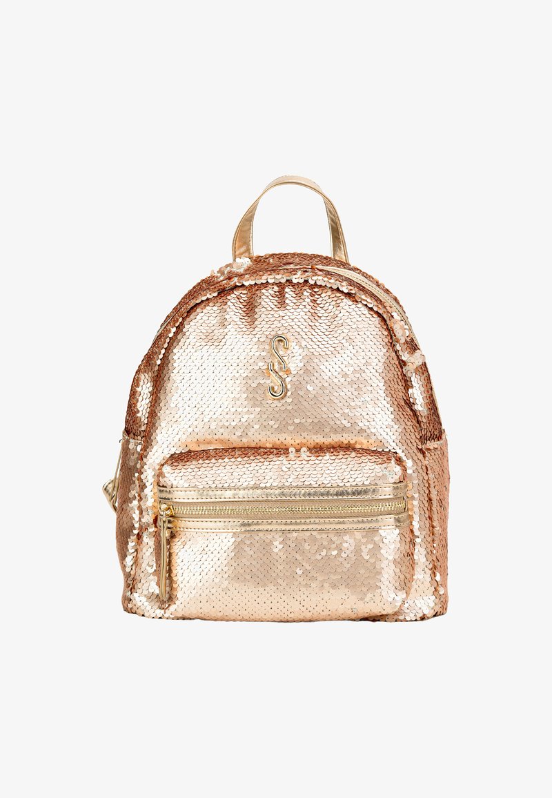 Zaino in paillettes rosa oro con forma arrotondata, tasca frontale con zip e maniglia superiore. Presenta dettagli metallici lucidi e una superficie testurizzata.