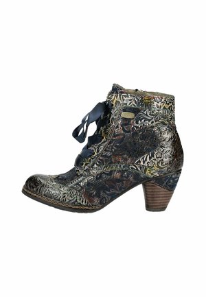 Lace-up ankle boot in multicolored embossed leather with floral pattern, navy blue satin laces, and a tapered wooden heel.