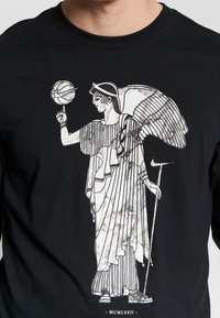 Black long-sleeve t-shirt featuring a graphic of a classical figure holding a basketball, with detailed marble-like texture.
