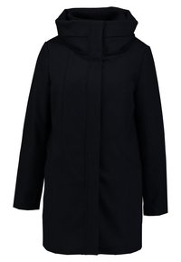 Cappotto nero di lunghezza media con collo alto a imbuto, chiusura frontale nascosta, maniche lunghe e tasche laterali.