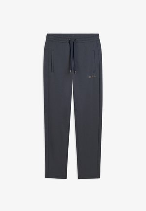 Pantalons de jogging gris foncé avec taille élastique, cordon de serrage, poches latérales et petit logo sur la cuisse supérieure gauche.