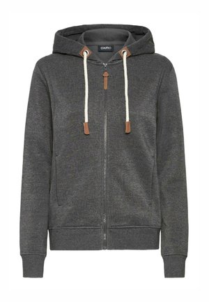Grå zip-up hettegenser laget av mykt materiale, med hette, hvite snorer med brune spisser, og sidelommer.