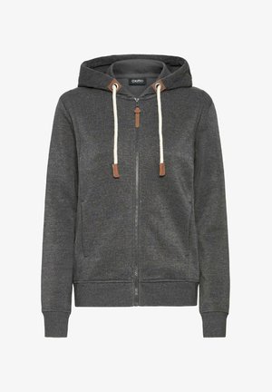 Grijze zip-up hoodie van zacht materiaal, met een capuchon, witte trekkoorden met bruine tips en zijzakken.