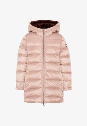 Lichtroze gewatteerde winterjas met capuchon en ritssluiting aan de voorkant, met een klein rond logo op de linkermouw.