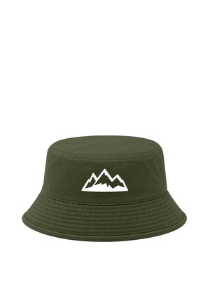 Dark green bucket hat with a white mountain range graphic centered on the front, featuring stitched brim and side ventilation holes.